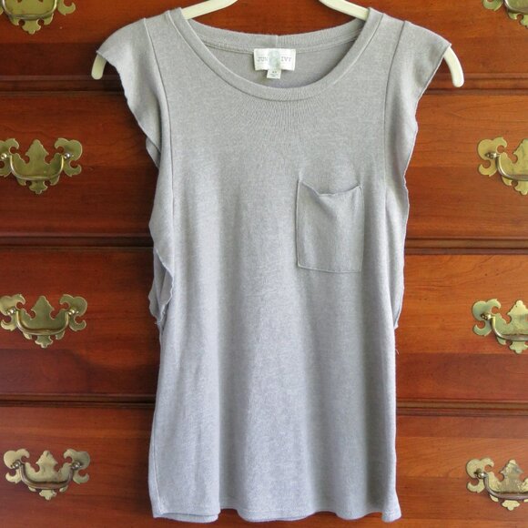 Jun & Ivy XS Light Gray Knit Flutter Sleeve Pocket Top Tee Shirt - Style# 4456 - Picture 10 of 14